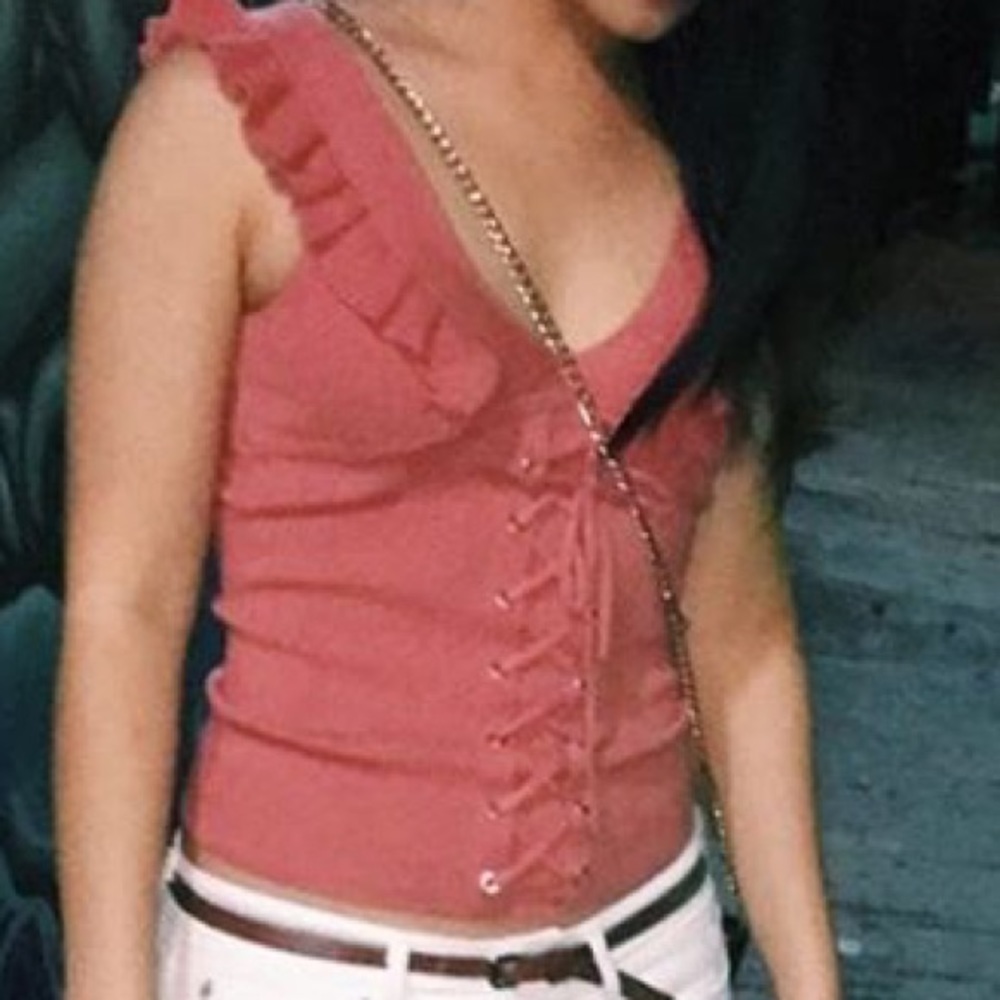 Pink EXPRESS Ruffle Lace Up Top - Picture 3 of 3
